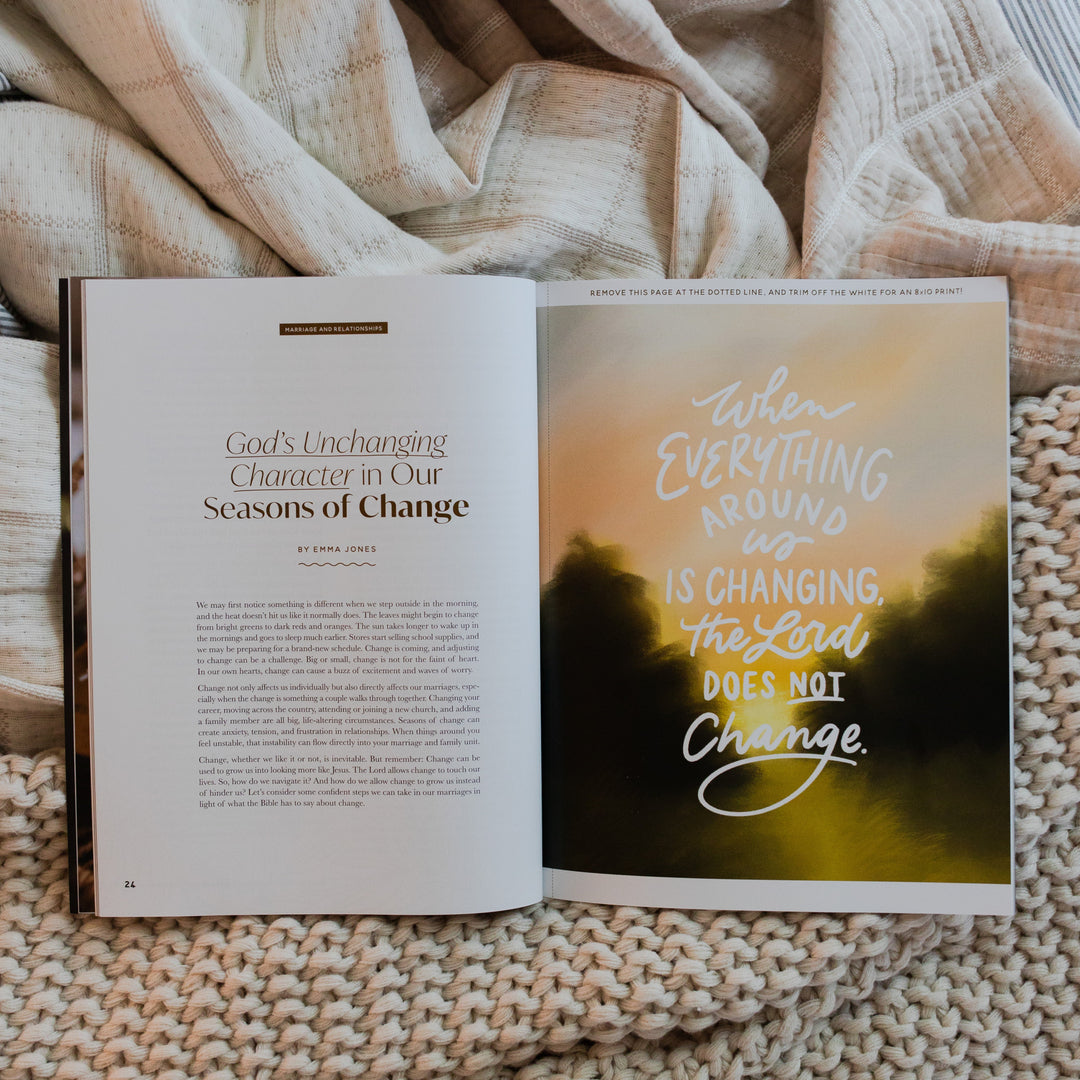 Gospel at Home Issue 9 Magazine opened to God's Unchanging character page on two blankets, one that is knitted and one that is smooth