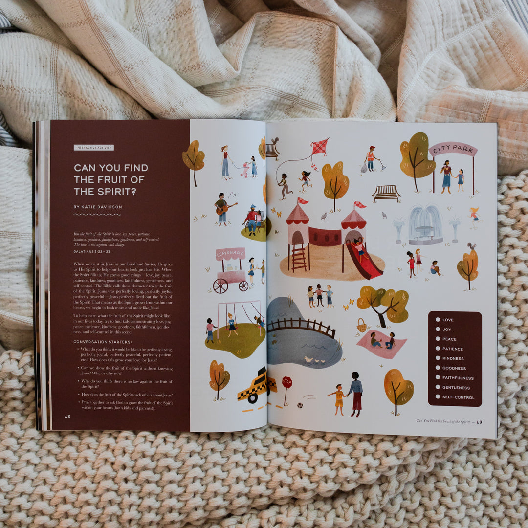Gospel at Home Issue 9 Magazine opened to an interactive activity page on two blankets, one that is knitted and one that is smooth