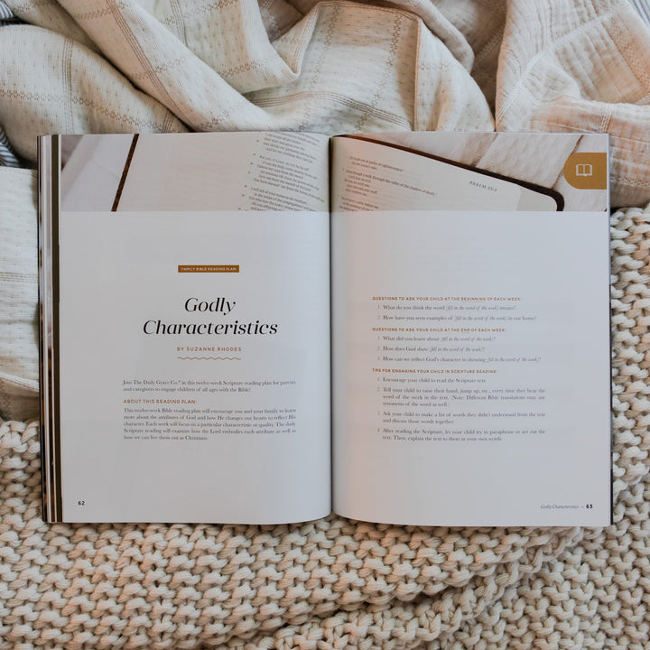 Gospel at Home Issue 9 Magazine opened to Godly Characteristics page on two blankets, one that is knitted and one that is smooth