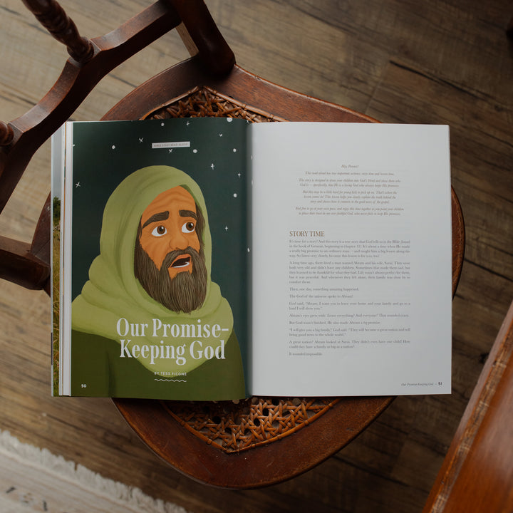 Open book with an illustration of a bearded figure and text on a wooden chair.