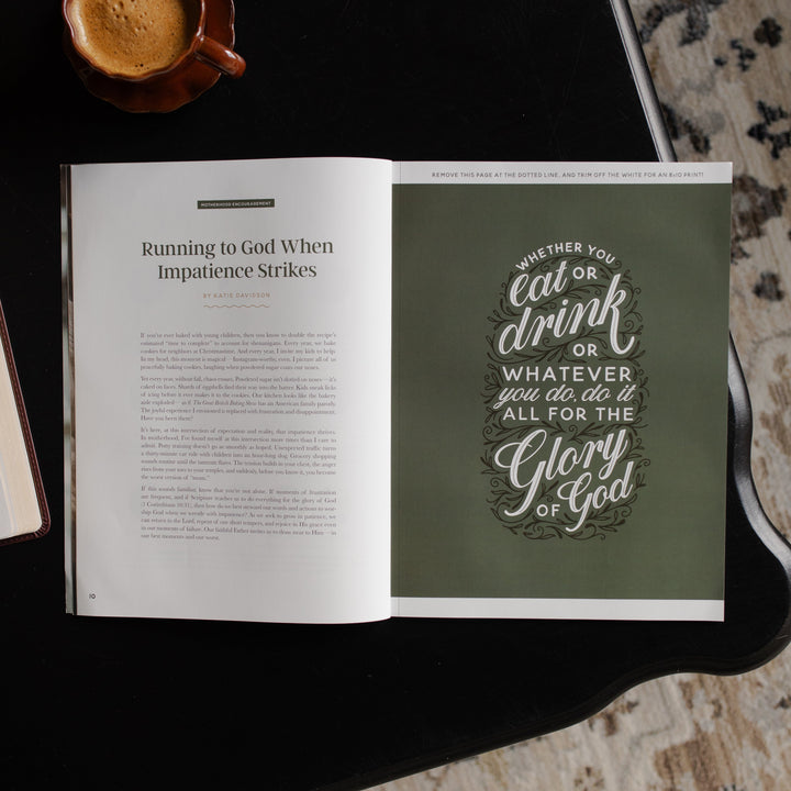 Gospel at Home Issue 10 opened to the running to God when Impatience strikes page on a black table near a coffee cup