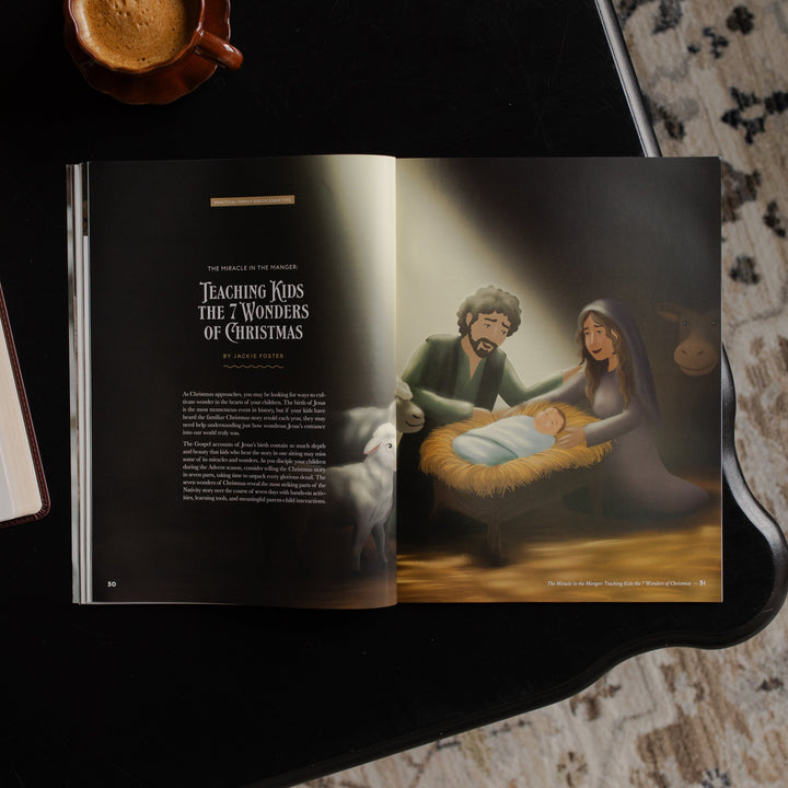 Gospel at Home Issue 10 opened to the teaching kids the 7 wonders of Christmas page on a black table near a coffee cup