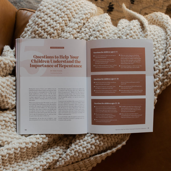 Gospel at Home Issue 11 opened to the Questions to Help Your Children Understand the Importance of Repentance page on a white knitted blanket