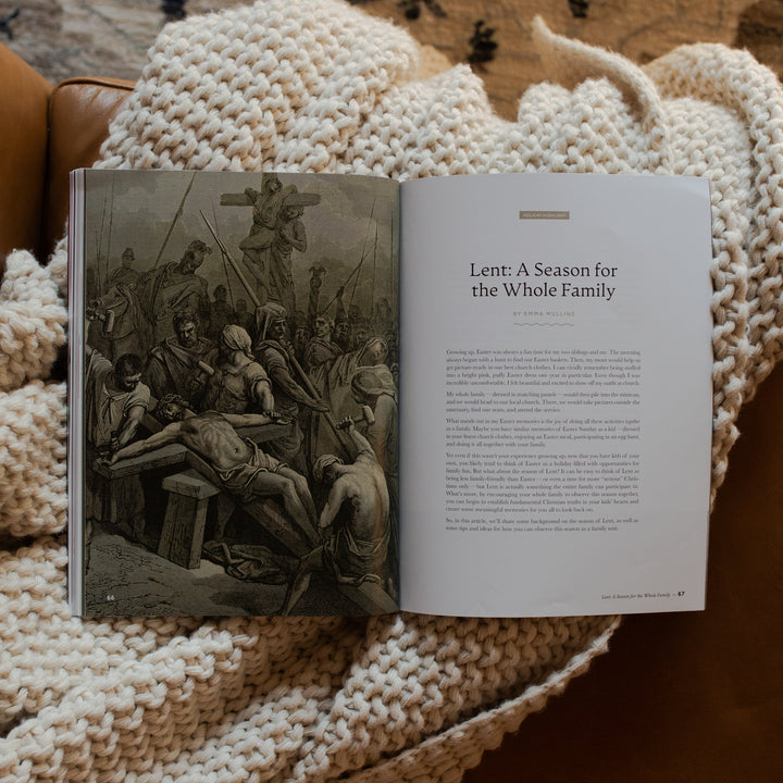 Gospel at Home Issue 11 opened to the Lent: A Season for the Whole Family page on a white knitted blanket