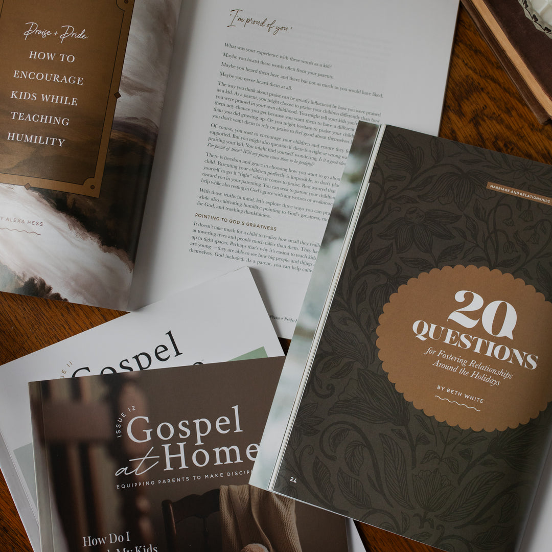 Books on a wooden surface with titles like 'Gospel at Home' and '20 Questions'.