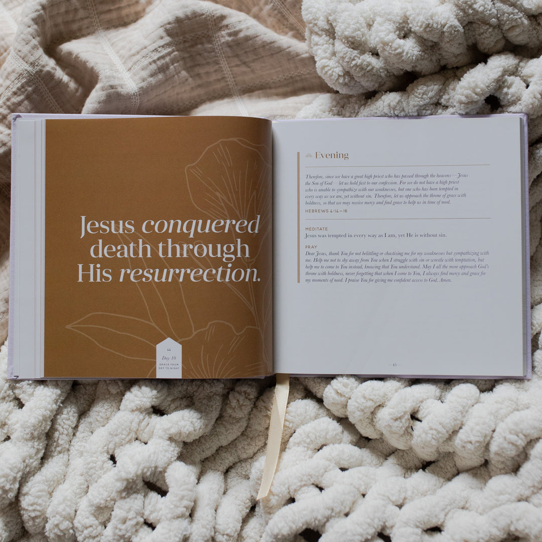 Grace from Day to Night Christian Evening and Morning 40 day devotional example of an evening devotional open on a blanket