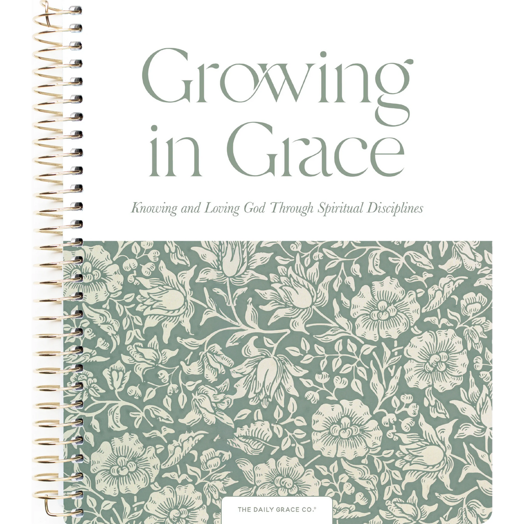 Notebook with floral design and 'Growing in Grace' text on a white background