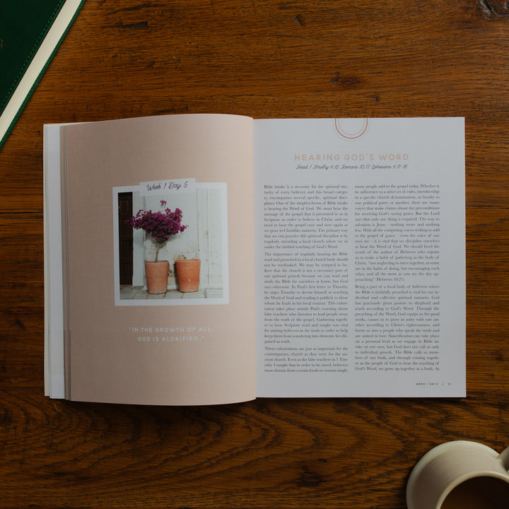 Open book on a wooden surface with text and a photo of potted plants.
