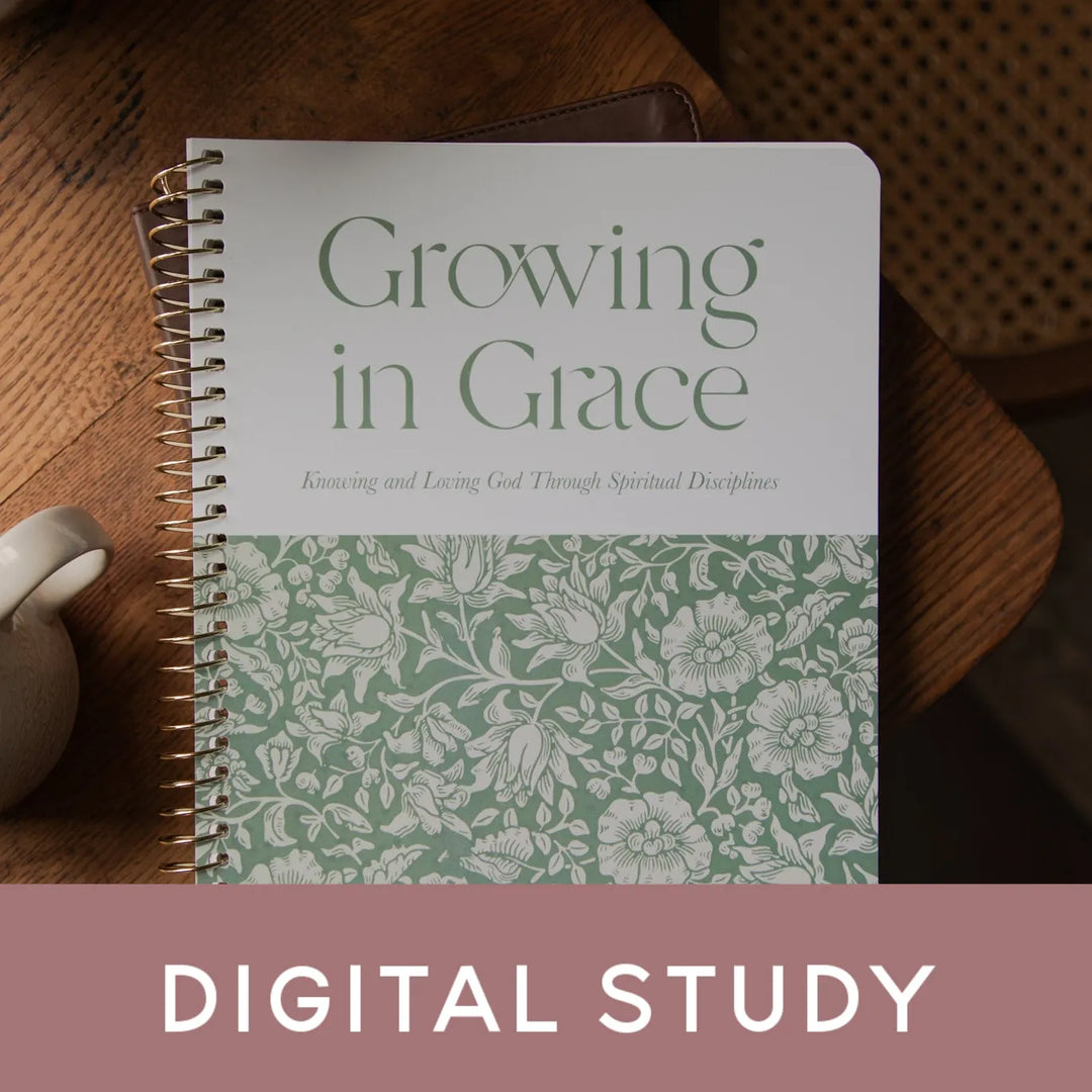 A spiral-bound book or study cover titled "Growing in Grace" with a floral patterned lower section, placed on a wooden surface. A mauve banner at the bottom reads "DIGITAL STUDY.