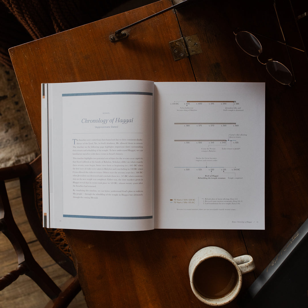 Haggai study opened to the Chronology of Haggai page on a wooden desk near a pair of eyeglasses