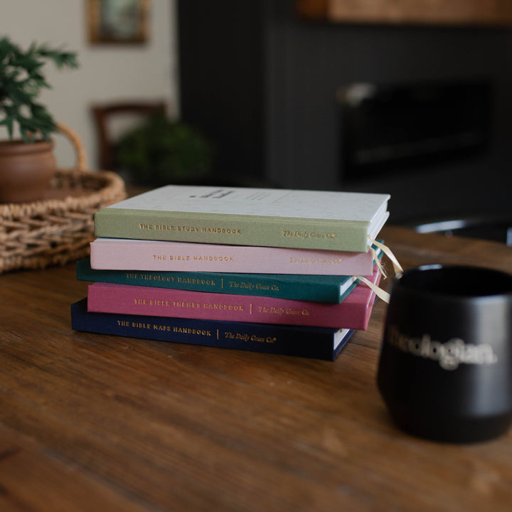 All five Bible handbooks stacked on a table 