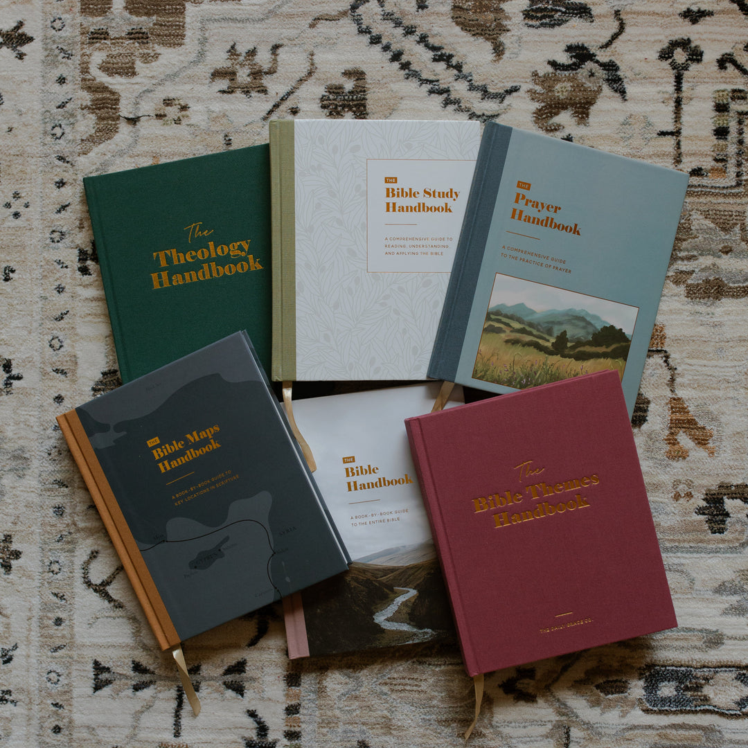 6 Handbooks stacked together on a rug