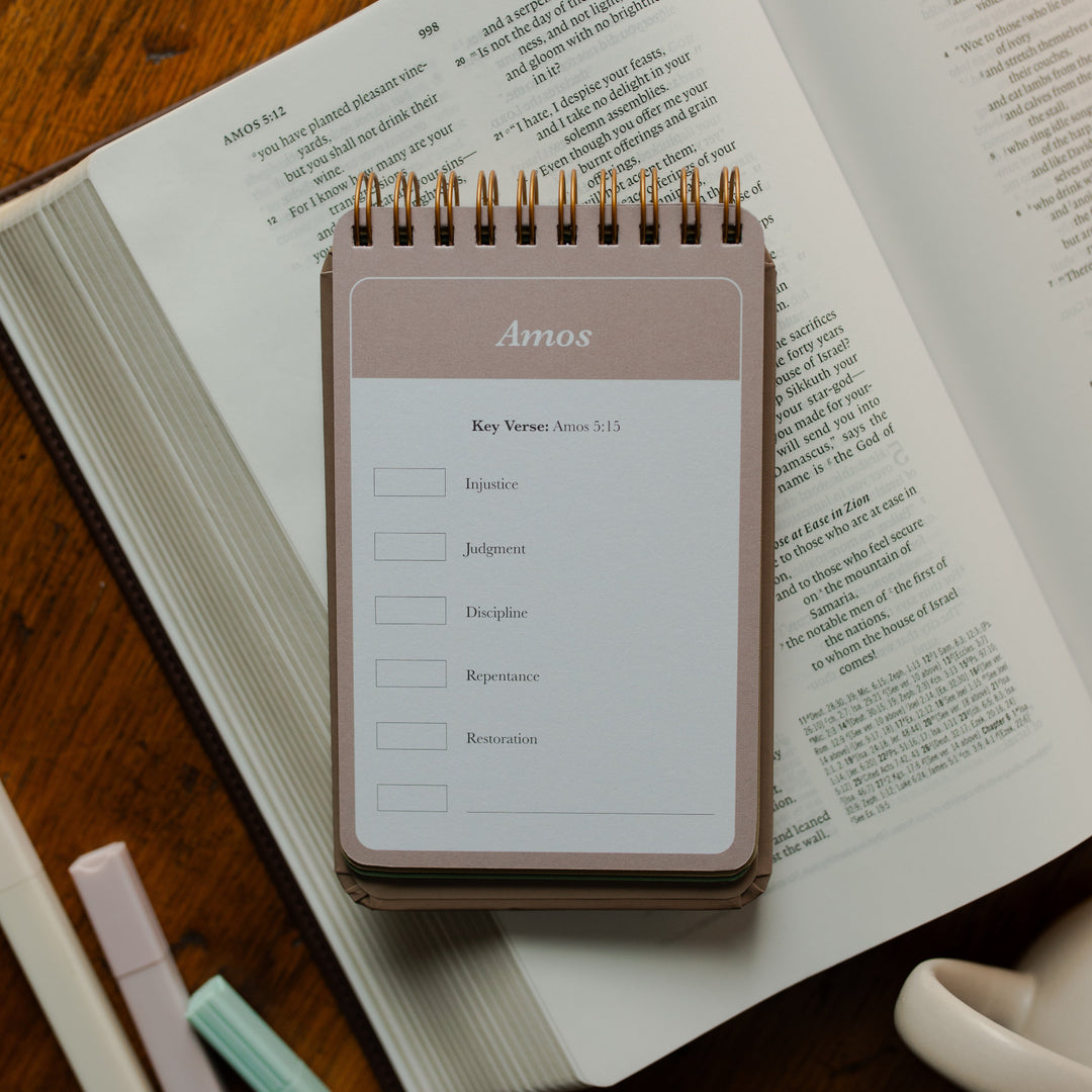 Highlighting through Scripture flipbook flipped to the Amos Card on an open bible on a wooden table near some highlighters