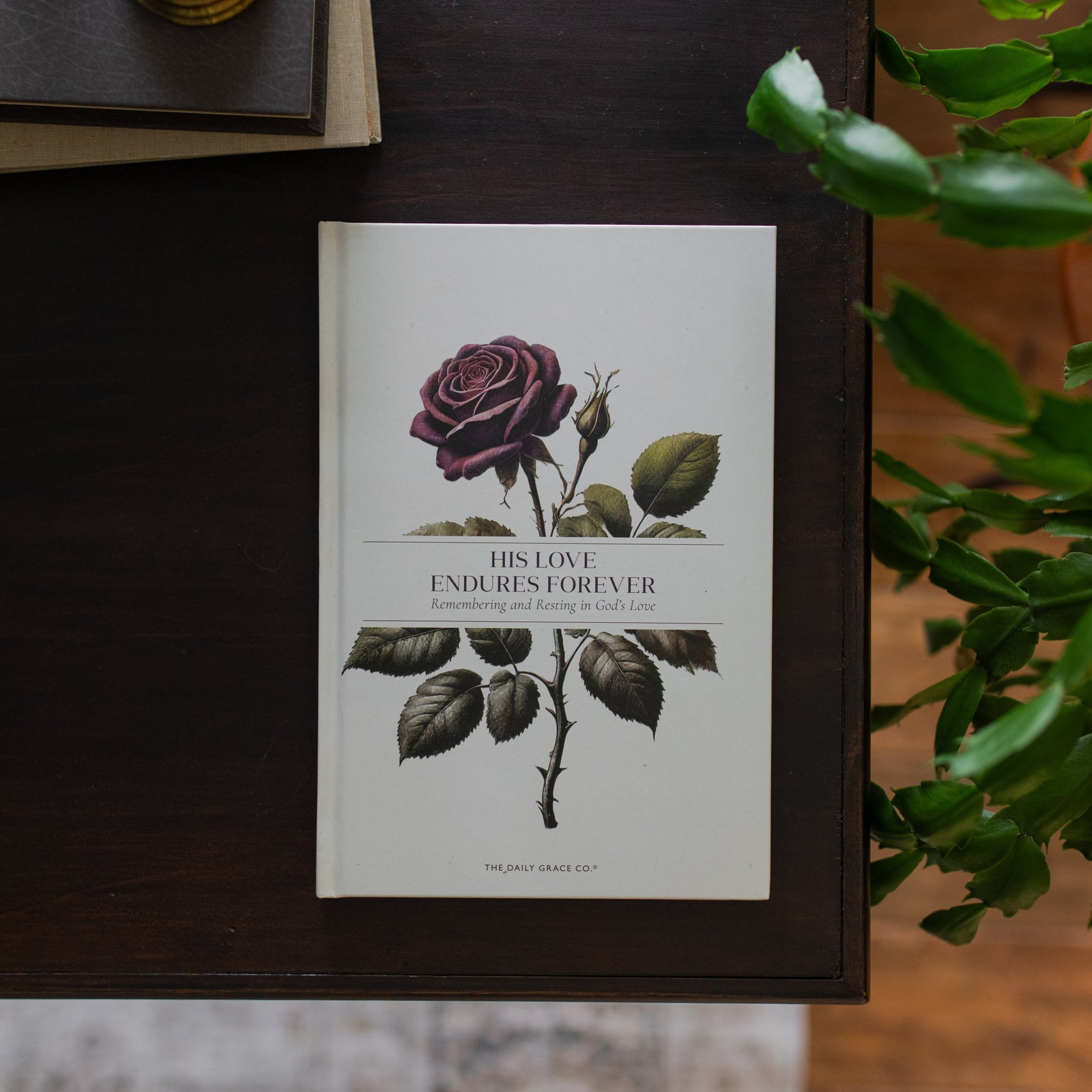 His Love Endures Forever book cover on a dark wooden table with some greenery nearby