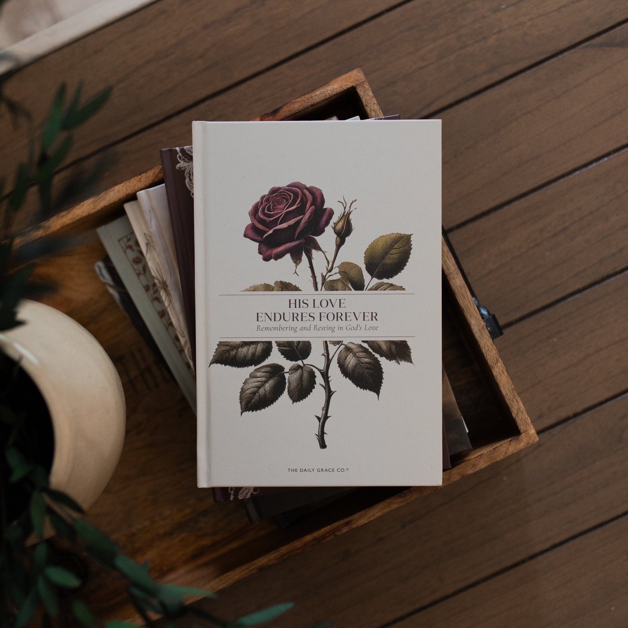 His Love Endures Forever book cover on a brown wooden table with some greenery nearby