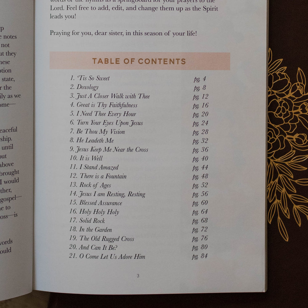 Table of contents in Hymns for a Mother's Heart book for Christian mothers