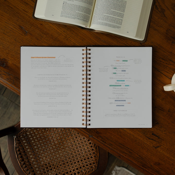 Identity in Christ Verse Map Journal opened to the mark up the connections page on a wooden table near a coffee mug and an open bible