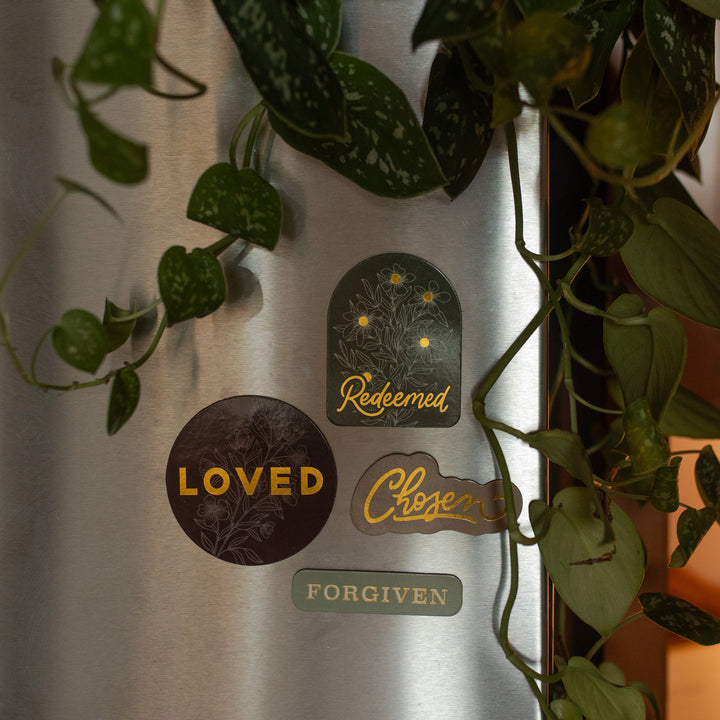 All of the Identity Magnets on a refrigerator near greenery