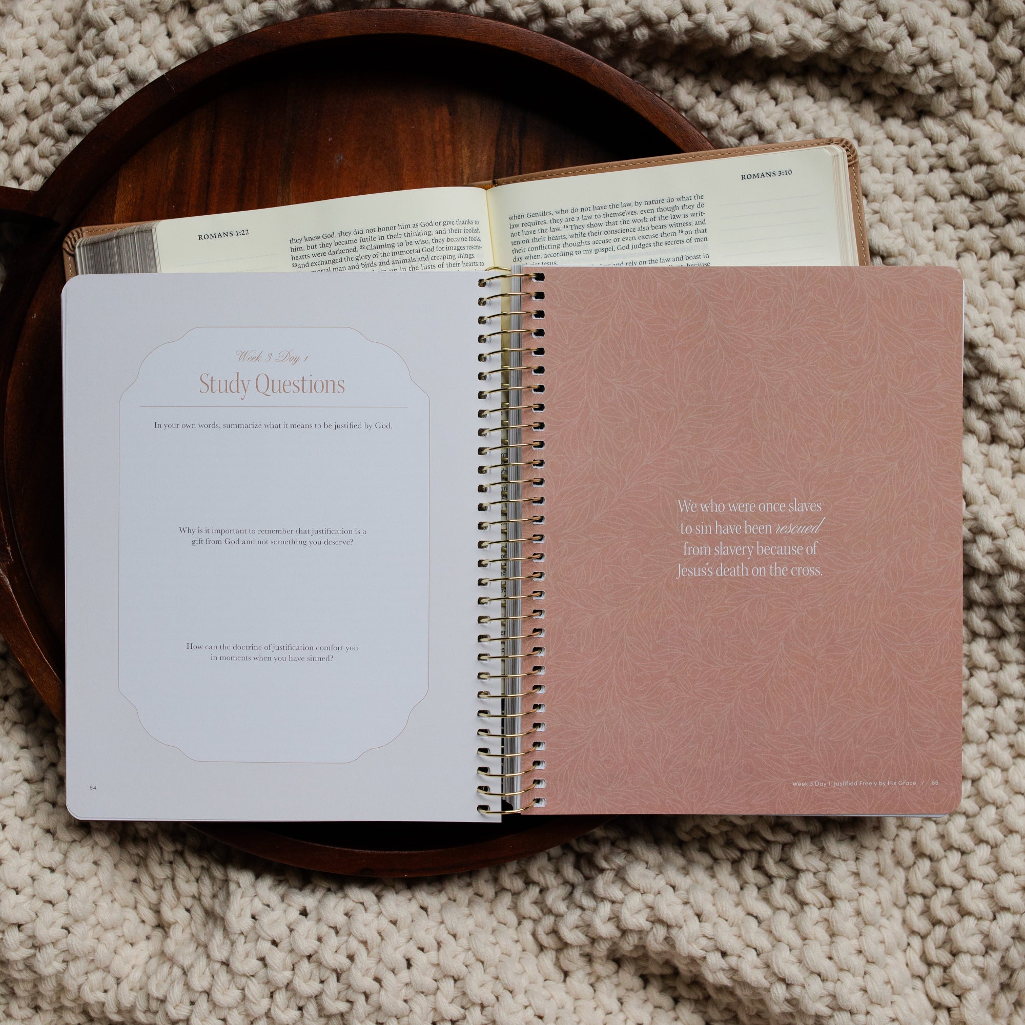 In Christ Alone Study opened to the Week 3 and Day 1 Study Questions page on an open Bible on a wooden tray on a knitted blanket