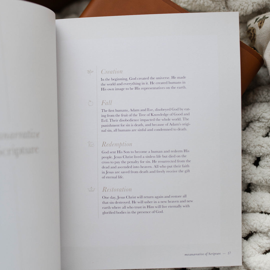 It Is Well Study opened to page 17; The study is resting on a leather book and a white knitted blanket 