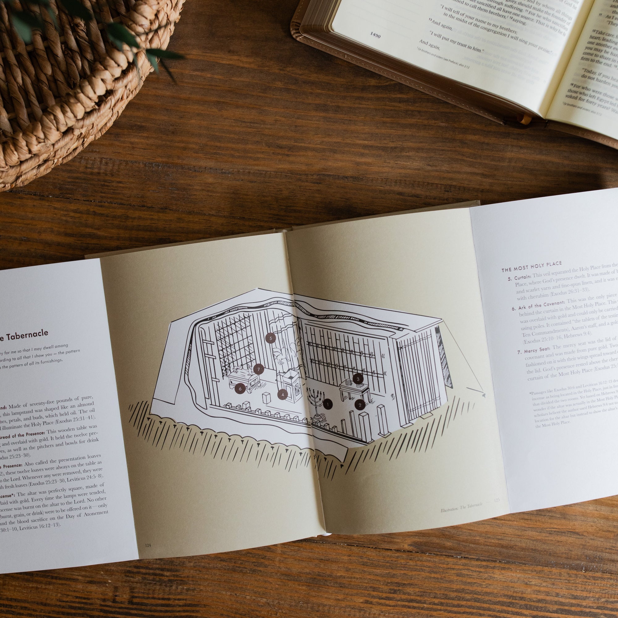 Jesus is Better Mens study opened to the drawing of the tabernacle page on a wooden desk next to a woven basket and an open bible