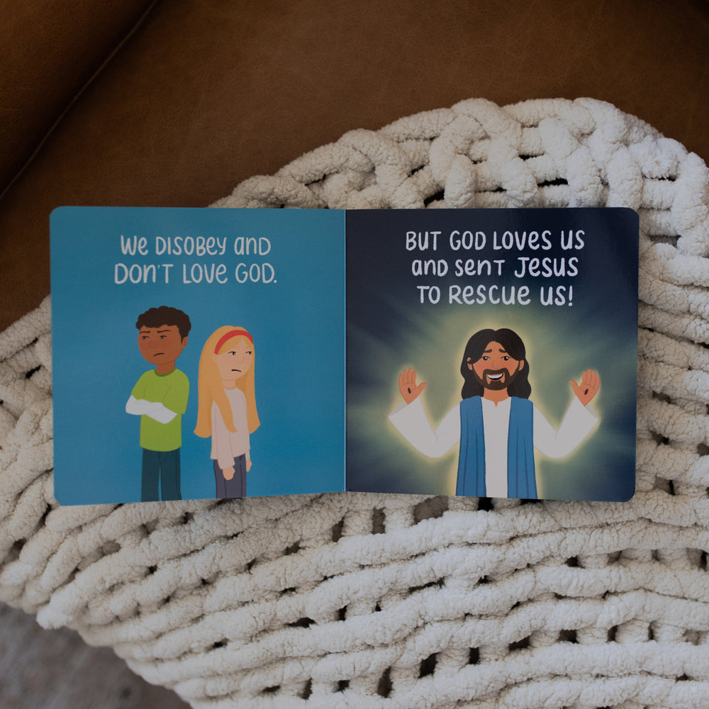 Jesus Makes Everything New Board Book opened to an obeying God page laying on a white knitted blanket