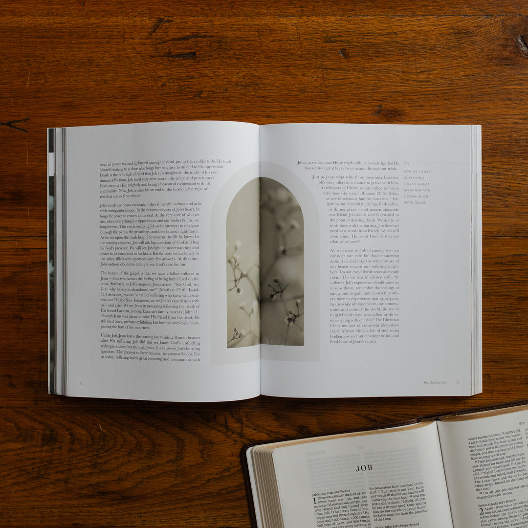 Job Softcover opened to a reading page with a graphic in the middle on a wooden table