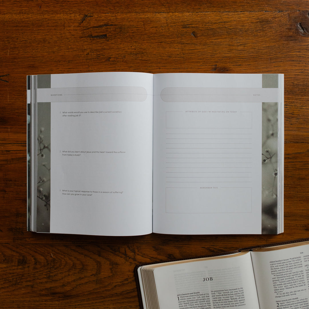 Job Softcover opened to the questions and applications page on a wooden table