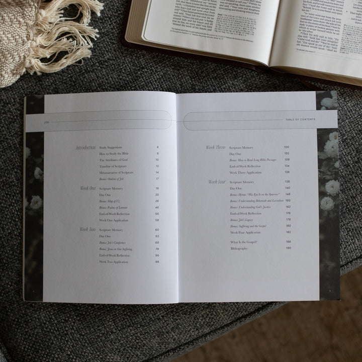 The Job study opened to the table of contents page near an open bible on a grey couch