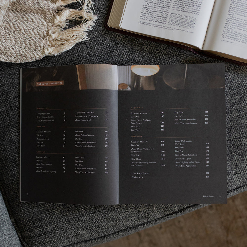 The Job Study Men's version opened to the table of contents page next to an open bible on a gray couch