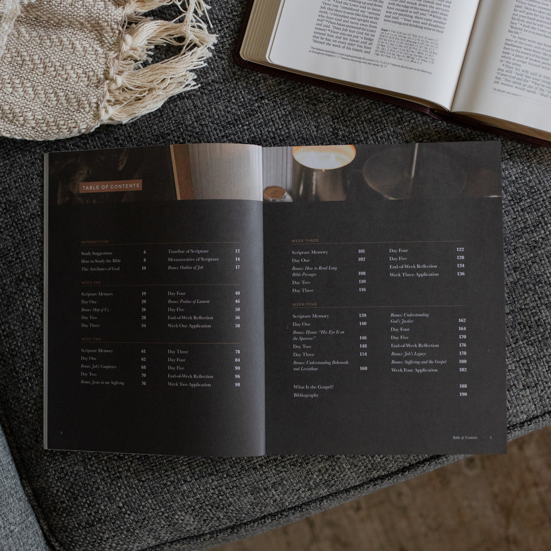 The Job Study Men's version opened to the table of contents page next to an open bible on a gray couch