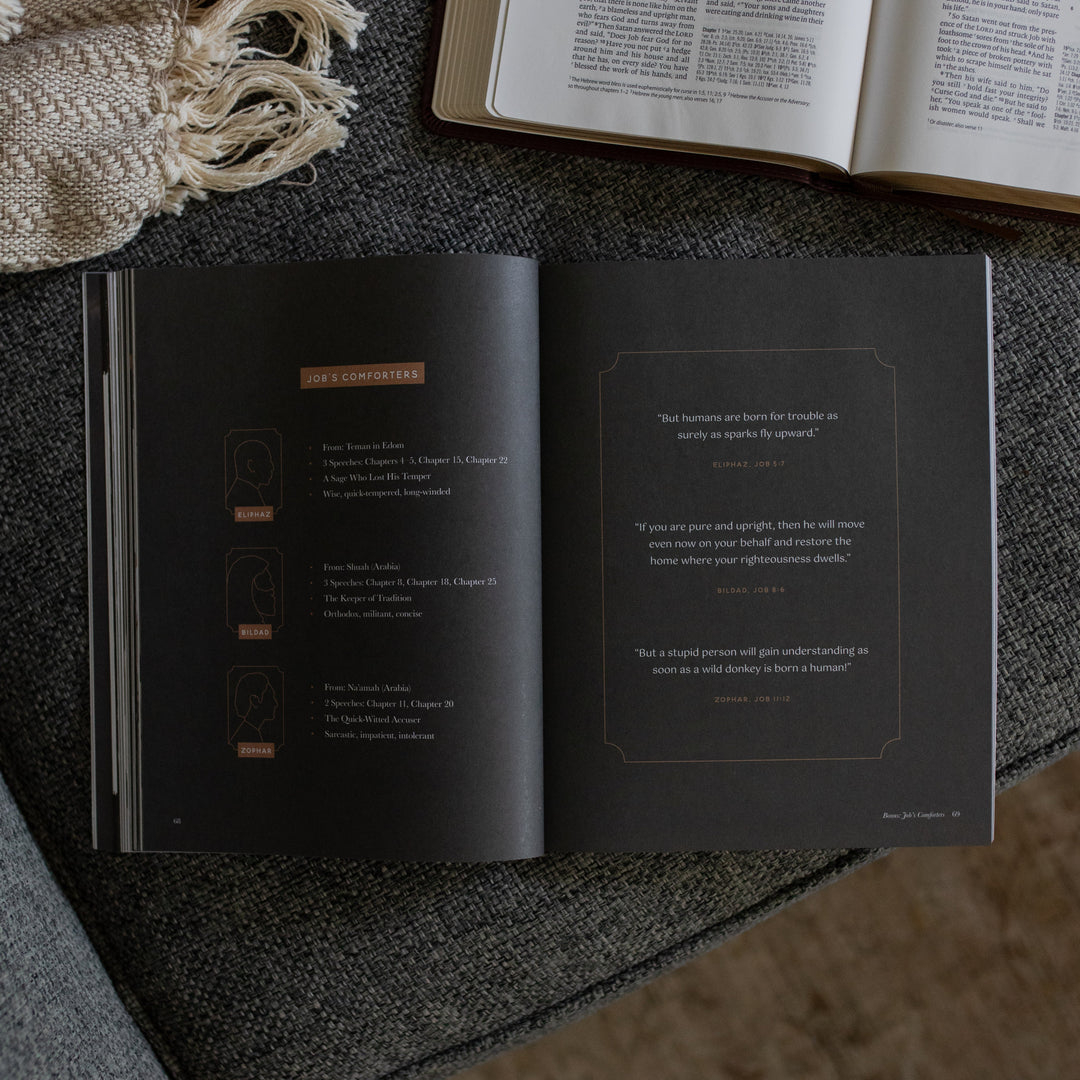 The Job Study Men's version opened to the Job's Comforters page next to an open bible on a gray couch