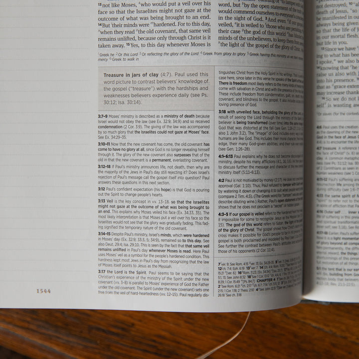 Open Bible with text on a wooden surface up close to the details section