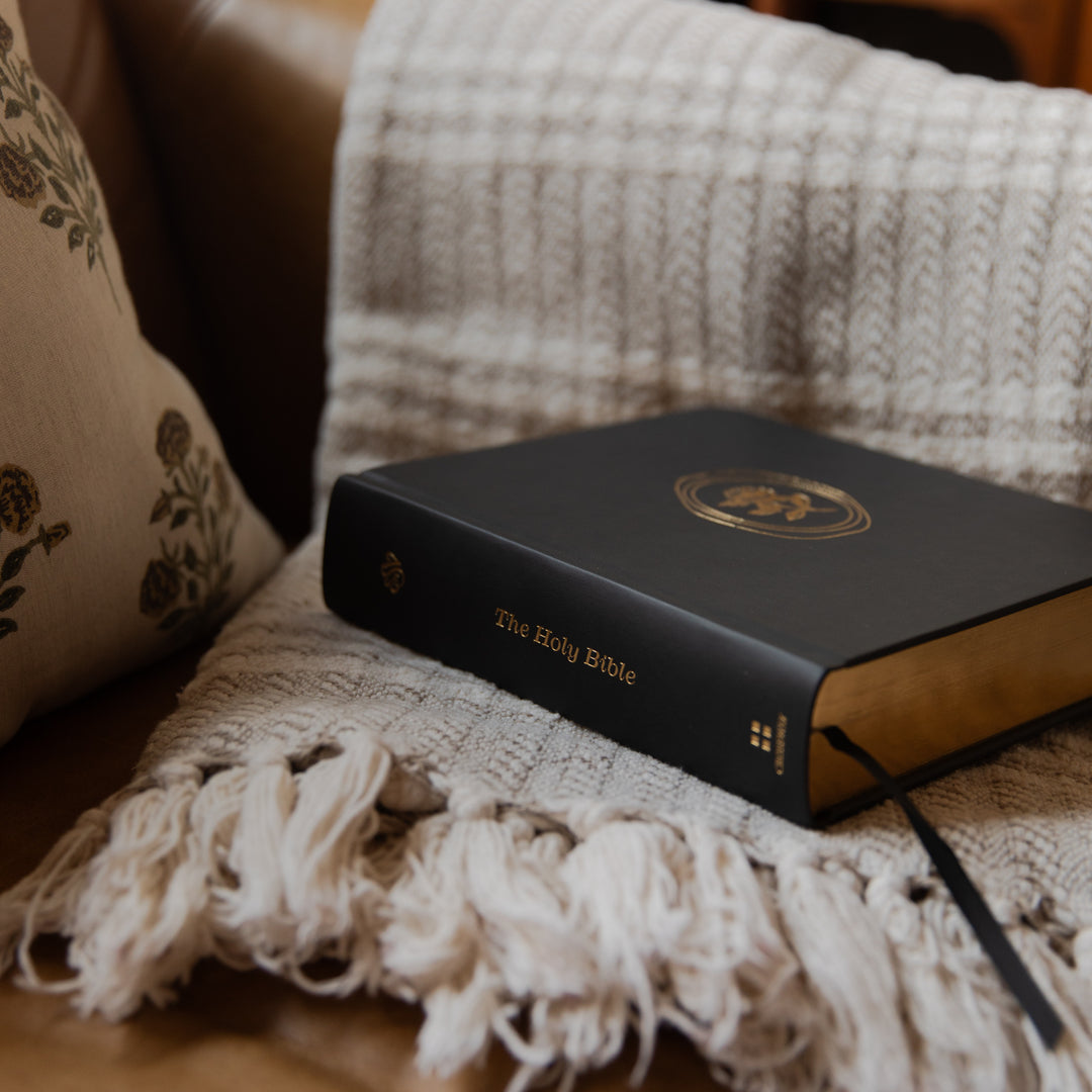 Black Bible on a textured surface with pillows and a blanket in the background