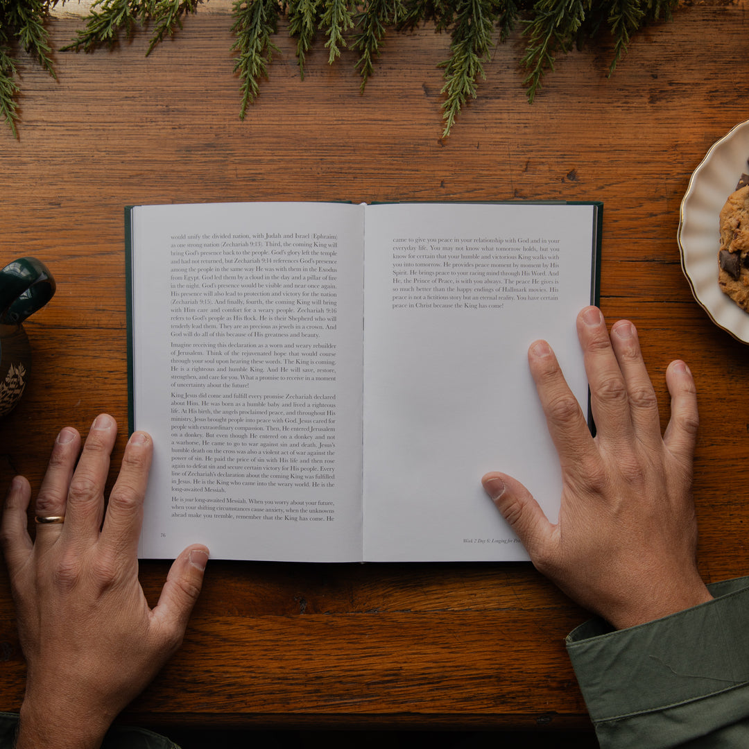 An open book with printed text lies on a wooden table, with two hands resting on the pages. Evergreen branches and part of a plate are visible around the scene.