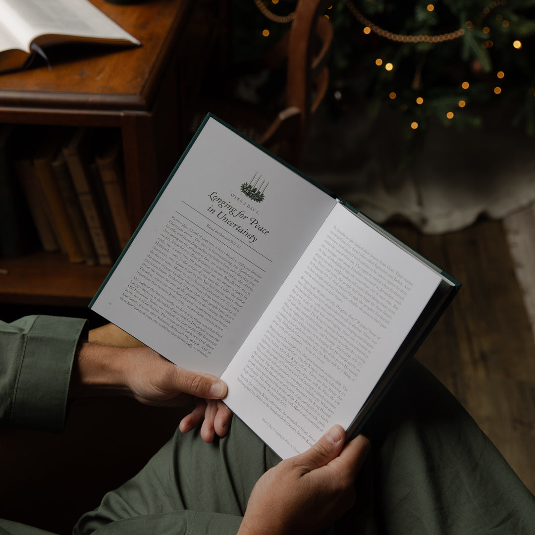 A person holding an open book titled 'Longing for Peace in Literature' in a cozy indoor setting with warm holiday lights and a bookshelf in the background.