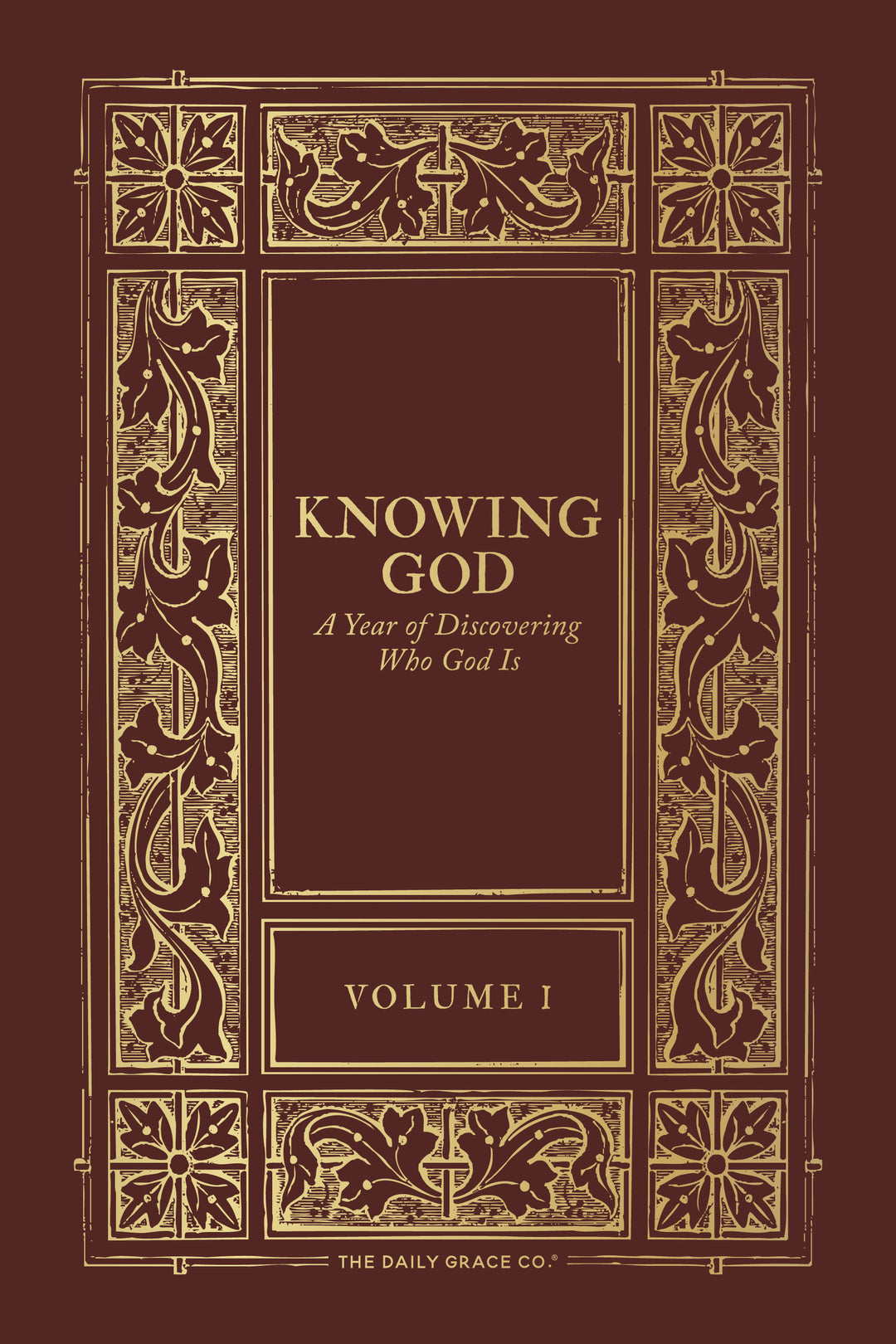 Book cover of 'Knowing God: A Year of Discovering Who God Is' with decorative elements on a brown background.