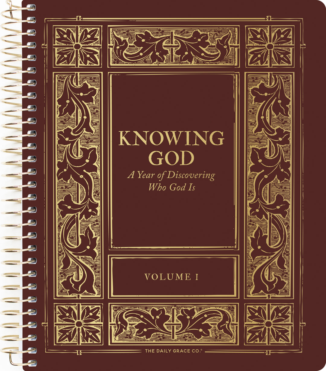 Decorative book titled 'Knowing God' with gold text on a brown background