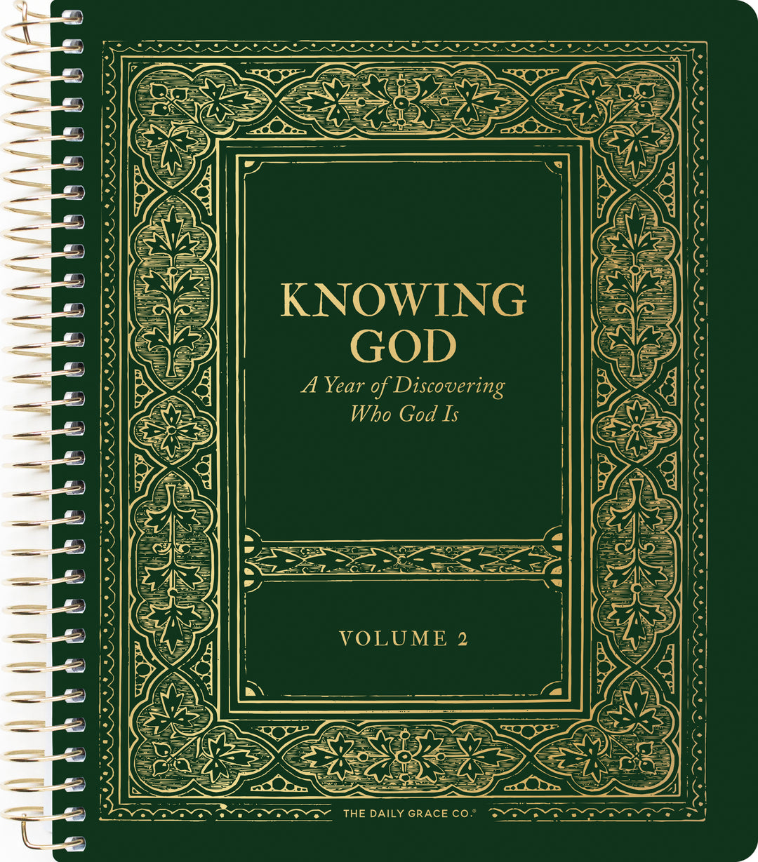 Green book titled 'Knowing God' with gold text on a green background