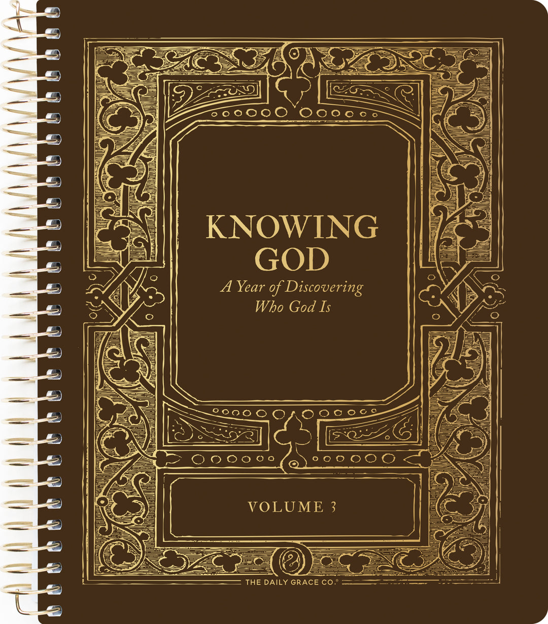 Decorative notebook titled 'Knowing God' with ornate design on a brown background