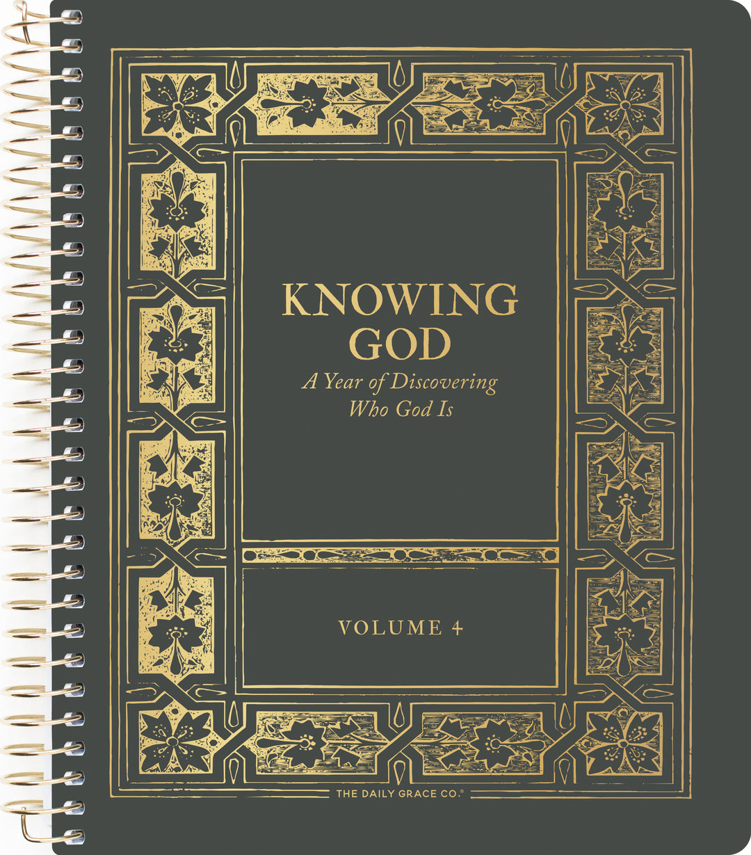 Book titled 'Knowing God: A Year of Discovering Who God Is' Volume 4 with decorative cover and spiral binding.