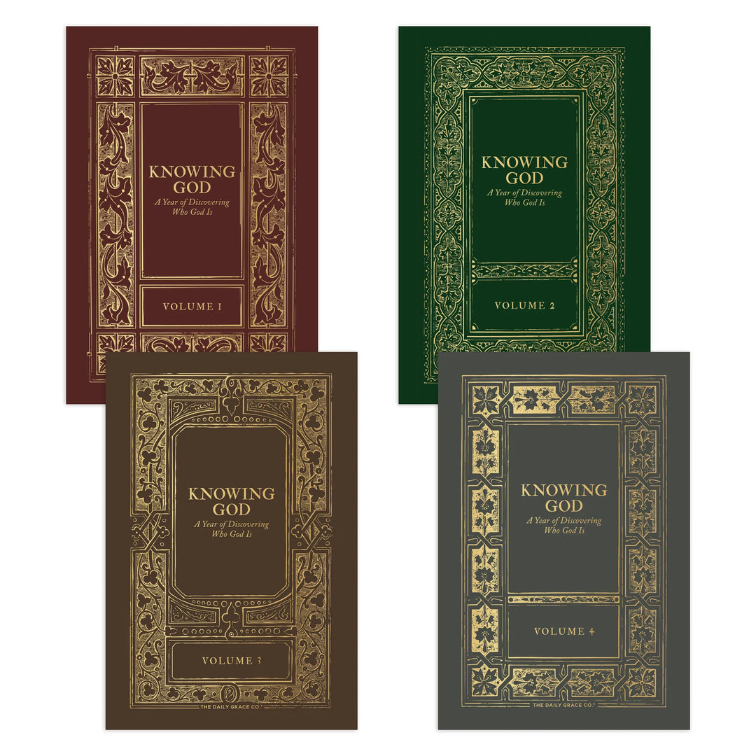 Four vintage-style Bible volumes arranged in a 2x2 grid on a black background. The covers are labeled KNOWING GOD and VOLUME 1 through VOLUME 4, with ornate decorative borders in different colorways: burgundy, green, brown, and charcoal gray.