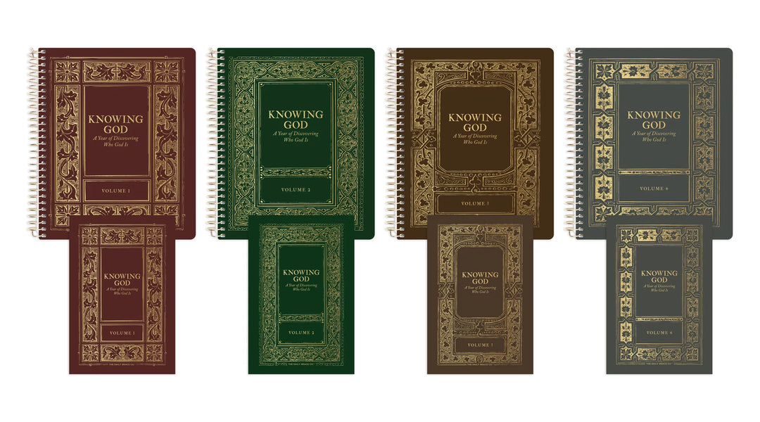 Four spiral-bound books titled 'KNOWING GOD' arranged in two columns on a white background, with one book partially pulled out from each side. The books have ornate antique-style covers in maroon, green, brown, and dark gray with gold detailing.