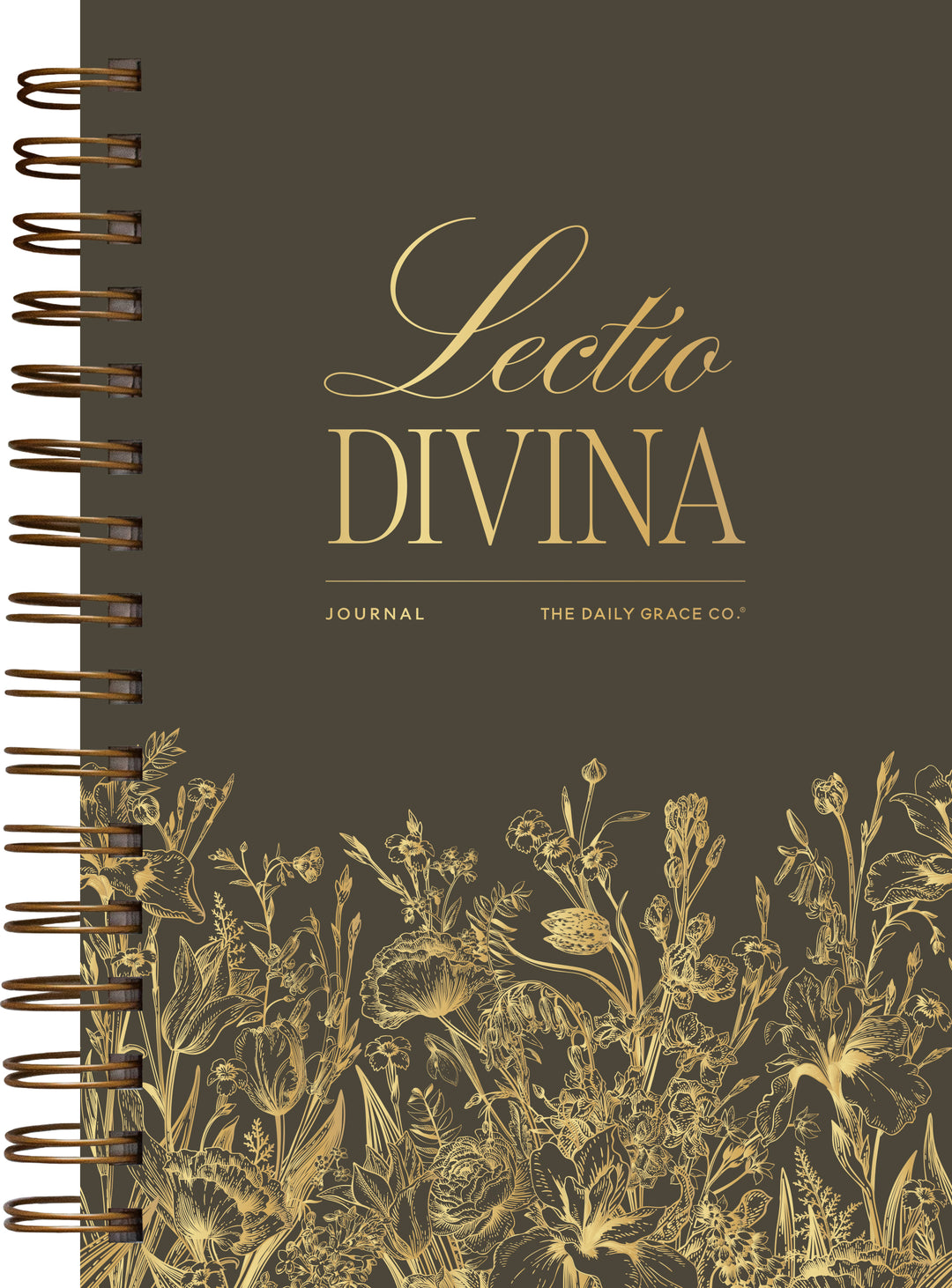 A spiral-bound journal titled 'Lectio DIVINA' with gold lettering and gold botanical illustrations on a dark brown cover. The left side shows a brown spiral coil, and the bottom features an ornate gold floral pattern.