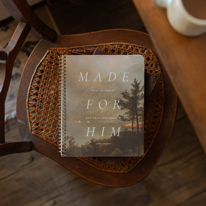 Made for Him Spiral study cover on a bible on a wooden chair
