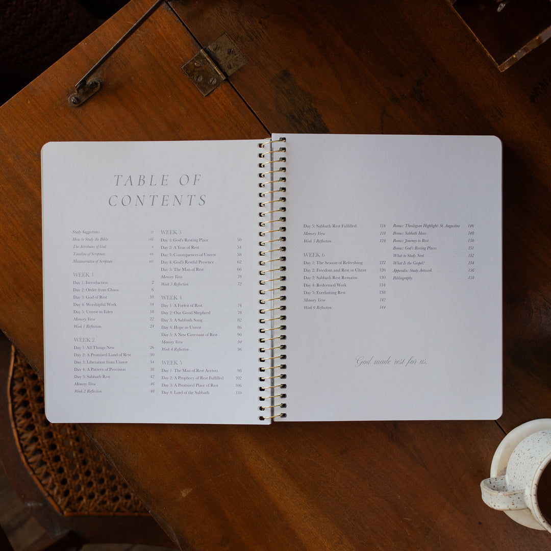 Made for Him Spiral study opened to the table of contents on a wooden table