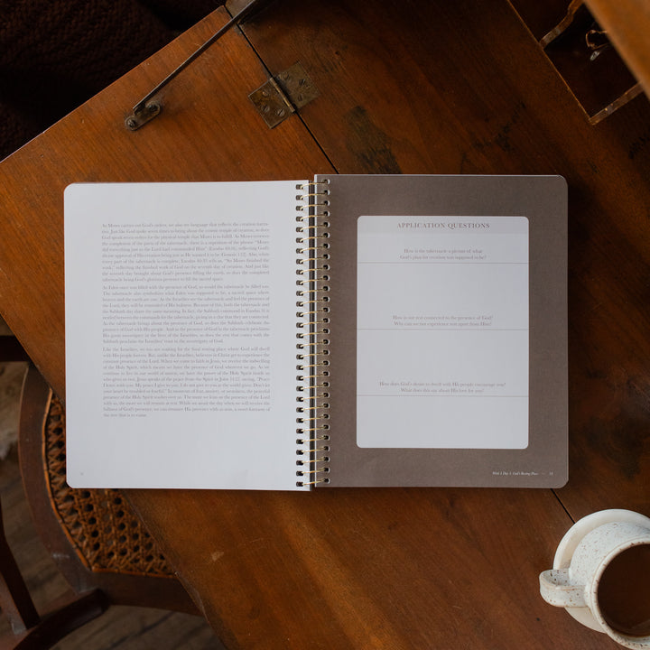 Made for Him Spiral study opened to the week 3 application and questions page on a wooden table