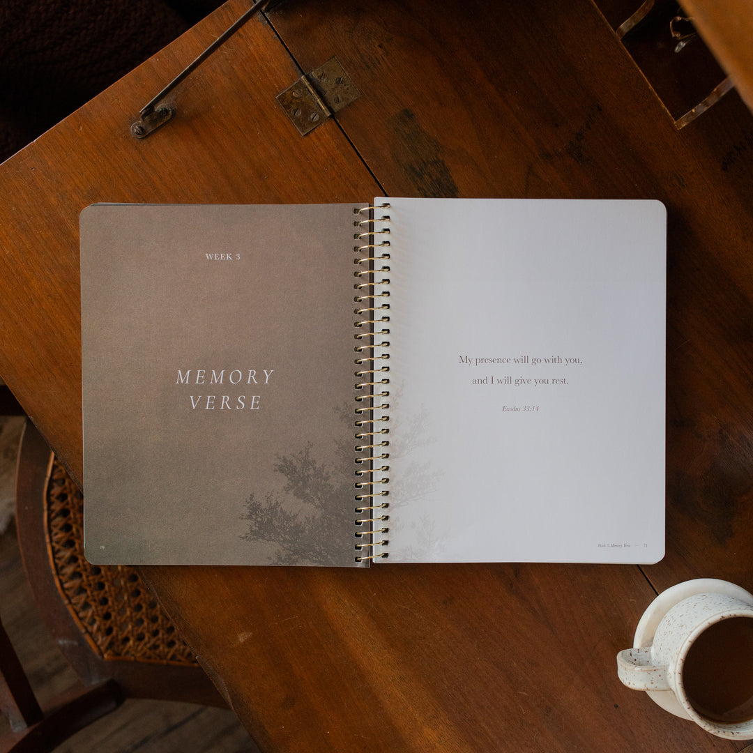 Made for Him Spiral study opened to the week 3 memory verse page on a wooden table