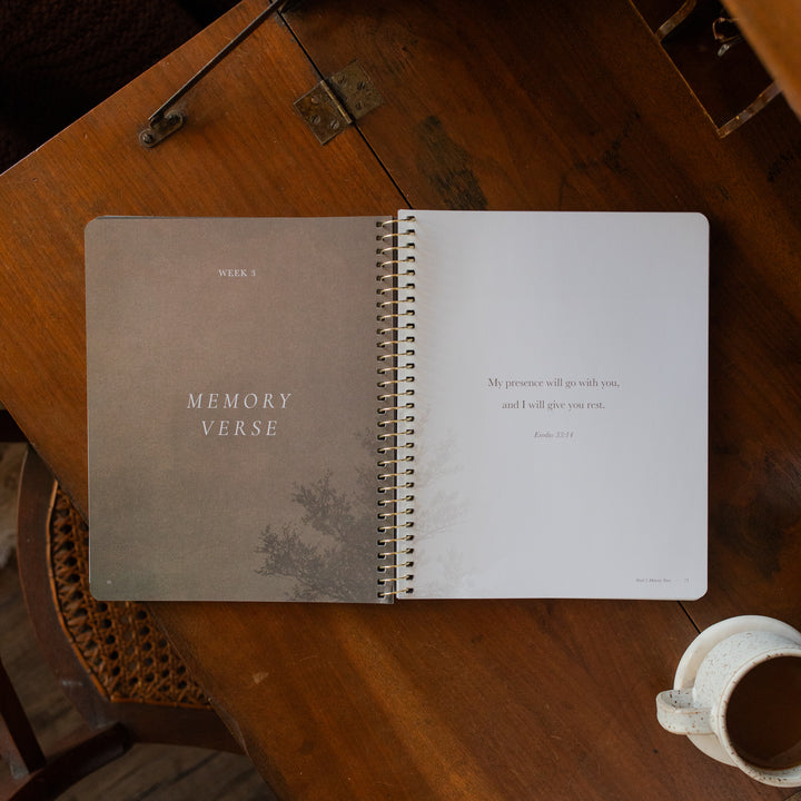 Made for Him Spiral study opened to the week 3 memory verse page on a wooden table
