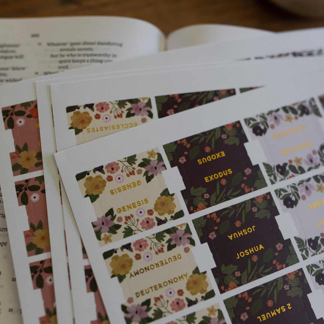 Up close look of the Genesis floral bible tabs